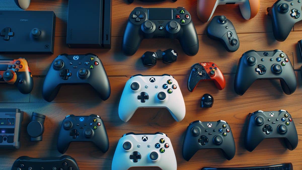 Topdown view of various Xbox accessories and gamepads on a table.