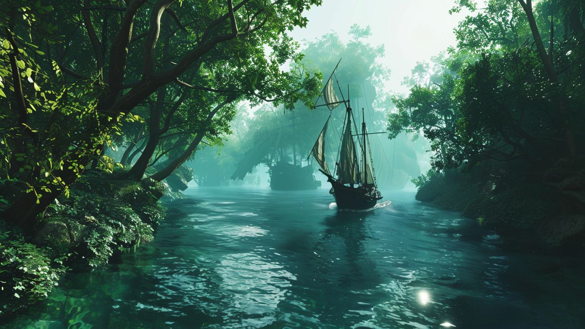 Character navigating through dense forests and open seas.