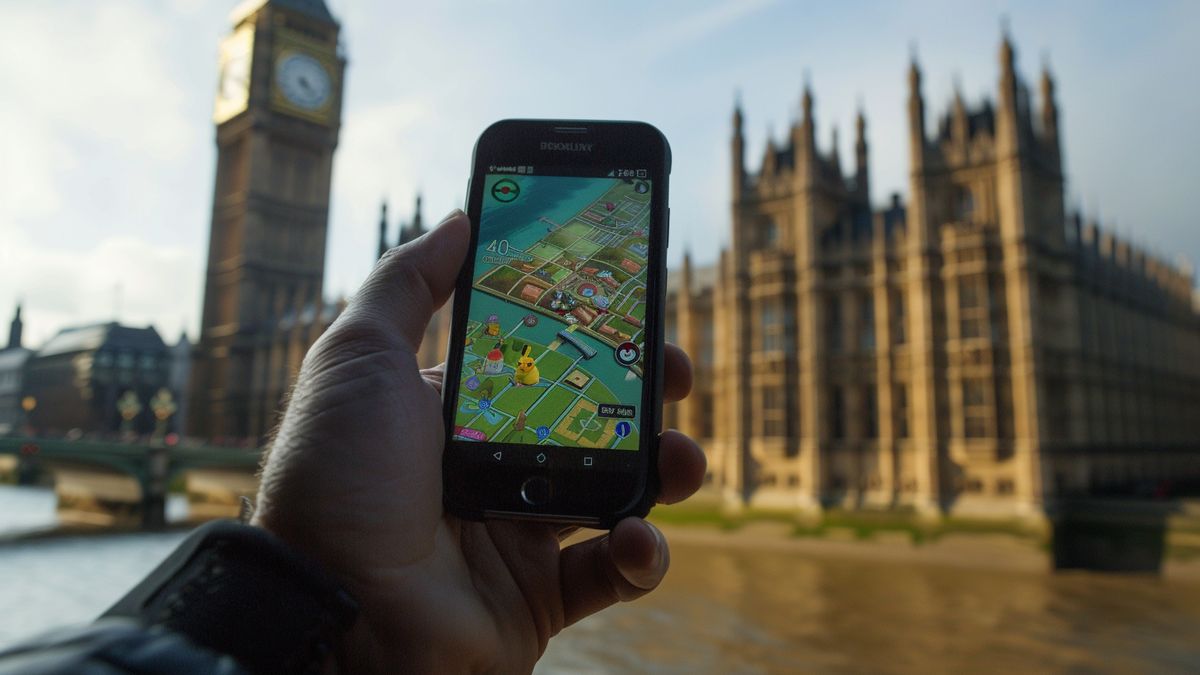 Closeup of Pokémon Go app on a smartphone with London landmarks in the background.