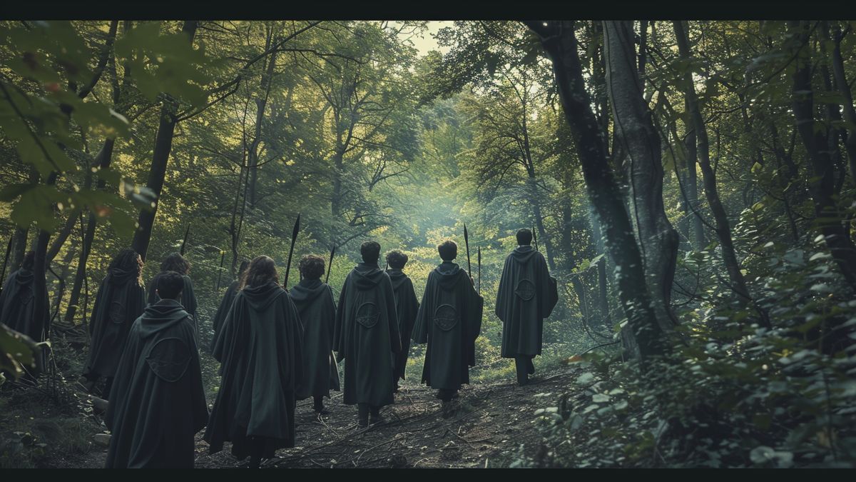 Group of students in wizard robes exploring the Forbidden Forest.