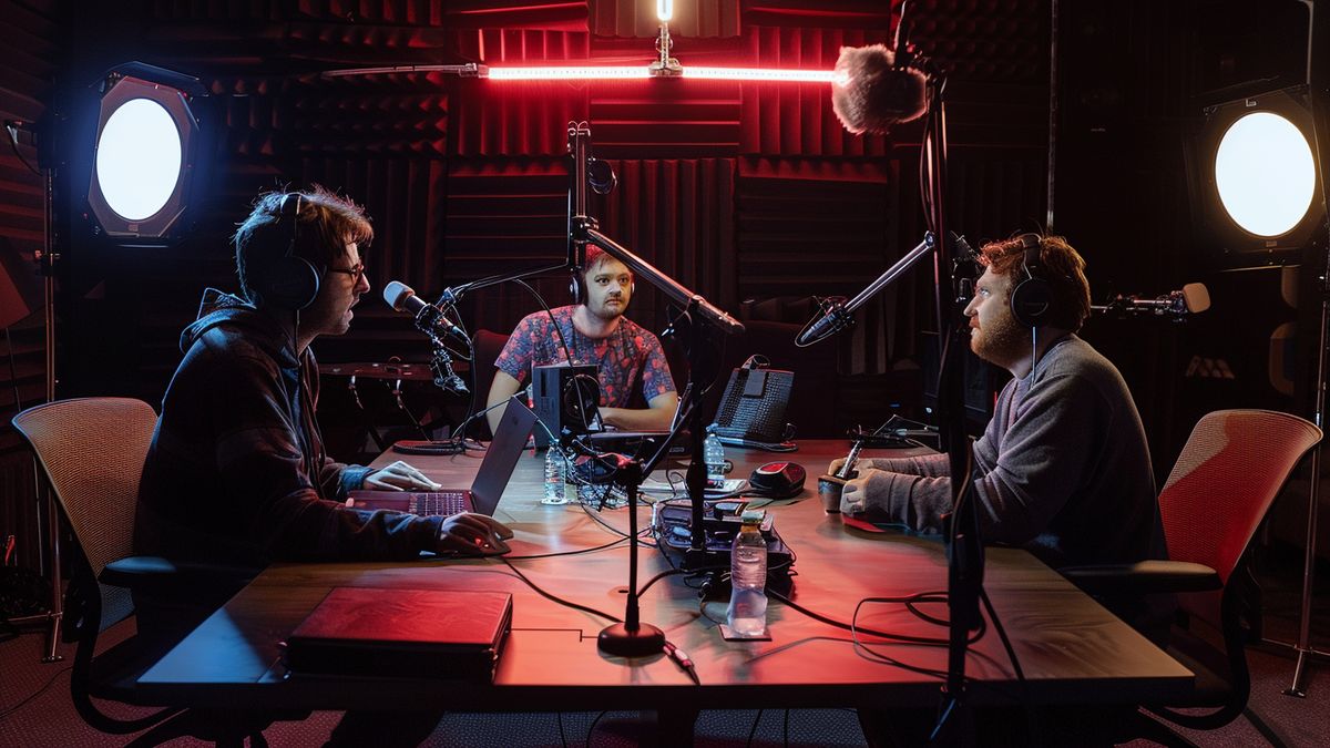 IGN journalists discussing Bloober Team in a professional podcast studio setting.