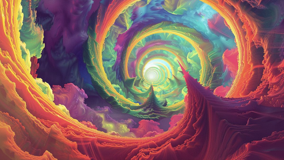 Psychedelic landscapes with swirling colors and surreal designs.