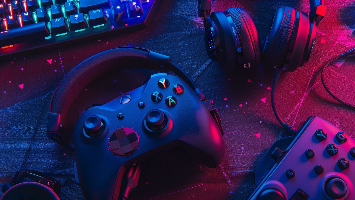 Configurazione di gioco organizzata che mostra controller Xbox, cuffie e mouse.