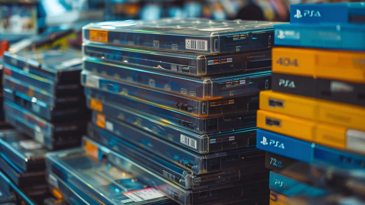 Stacked PSgame cases on a table with price stickers.