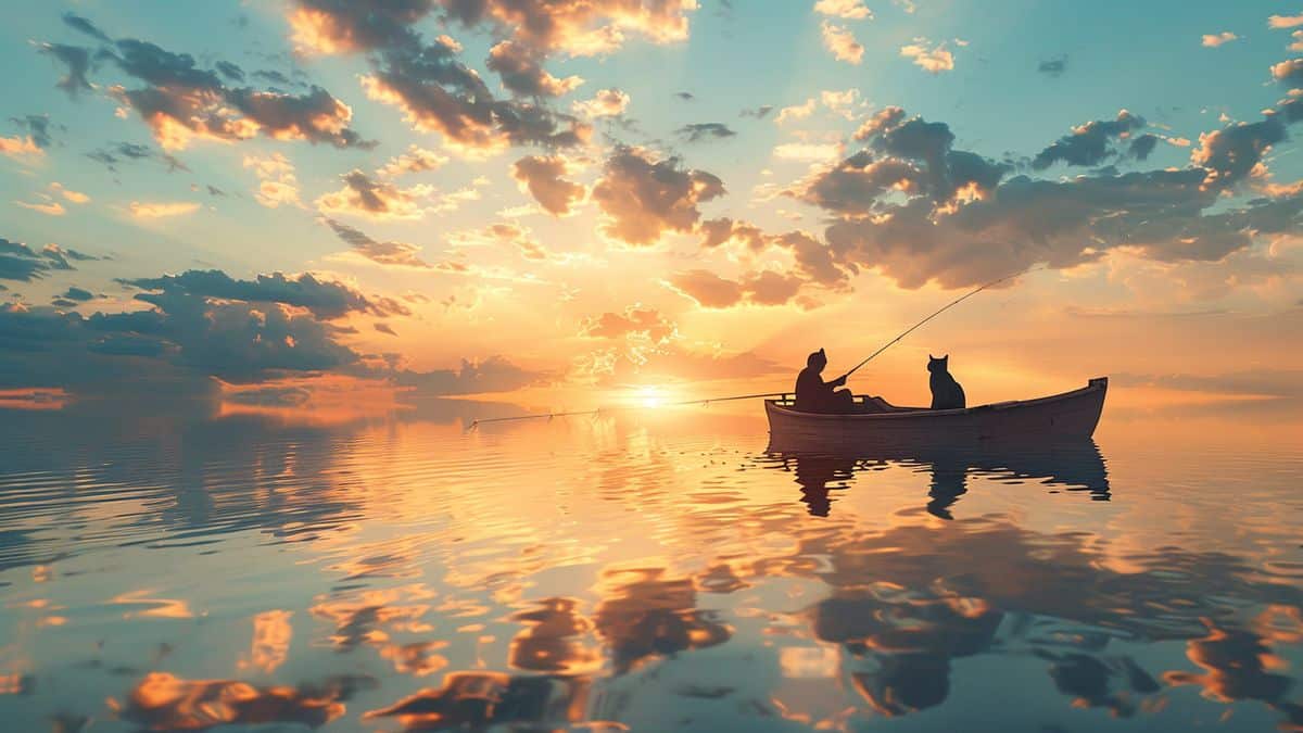 明るい空の下、穏やかな水面に猫のシルエットが映り、ボートで釣りをする猫たち。