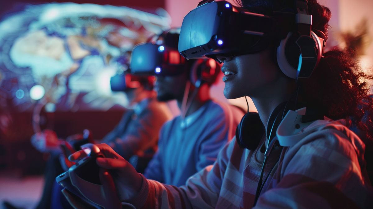 Gamers immersed in a virtual reality experience using Nintendo's augmented reality headset.