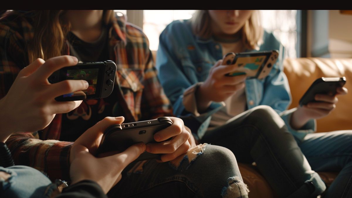 Casual gamers holding Nintendo Switches, discussing their popularity over other consoles.