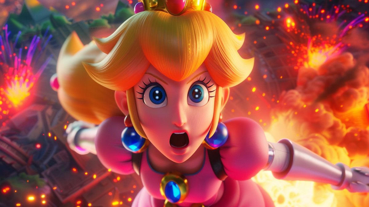 La Principessa Peach in azione, colori vibranti che mettono in risalto il suo fascino unico.