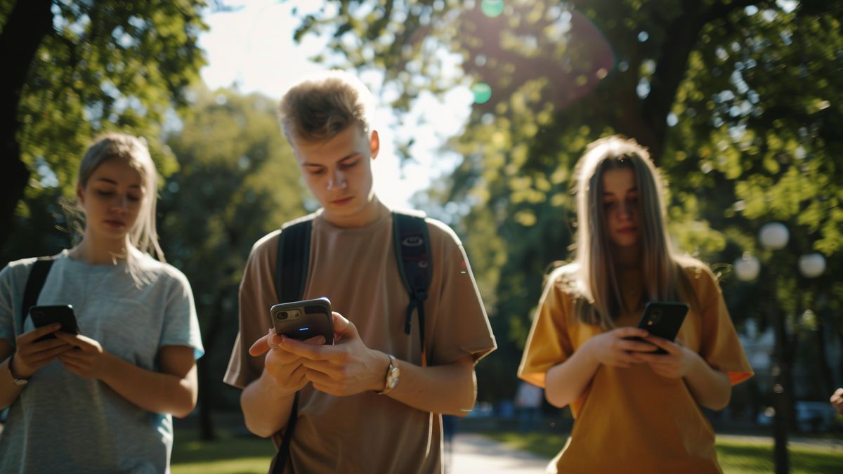 公園でスマートフォンを手に失望感を表明する選手たち。