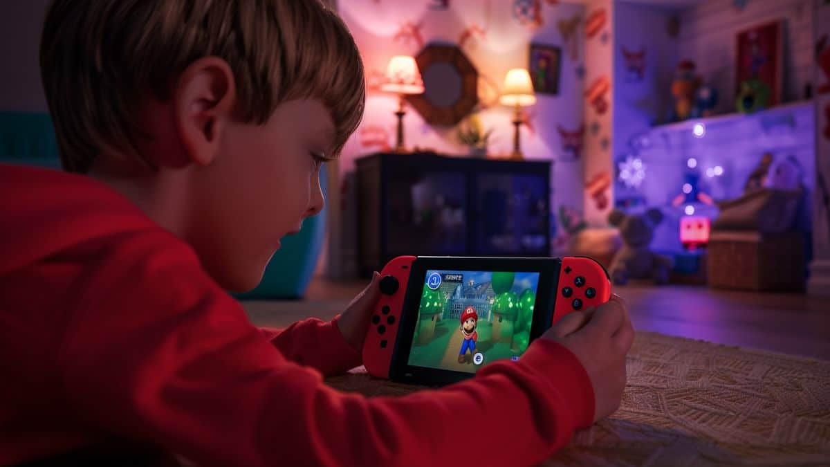 Child immersed in Luigi's Mansion HD on Nintendo Switch.