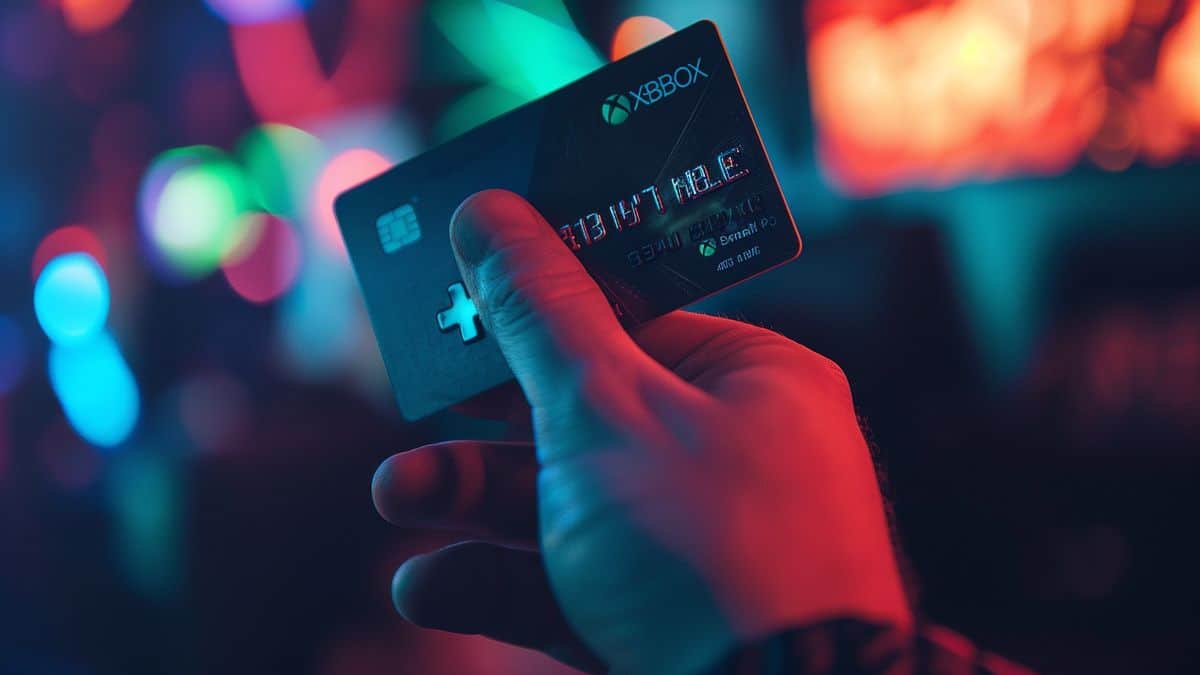 Giocatore in possesso di una carta di credito con loghi Xbox e premi di gioco.