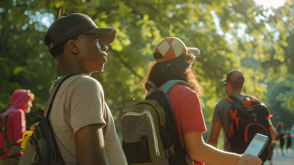 Diverse group of players exploring a park, capturing Pokémon with augmented reality devices.