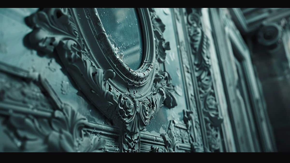 Detailed view of intricate reflections in a haunted mirror.