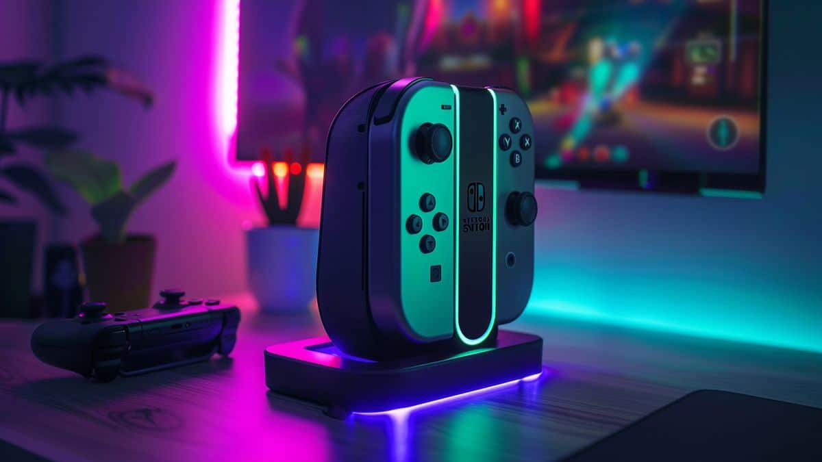 Vertical charging stand with JoyCon controllers, sleek design, glowing LED indicator.