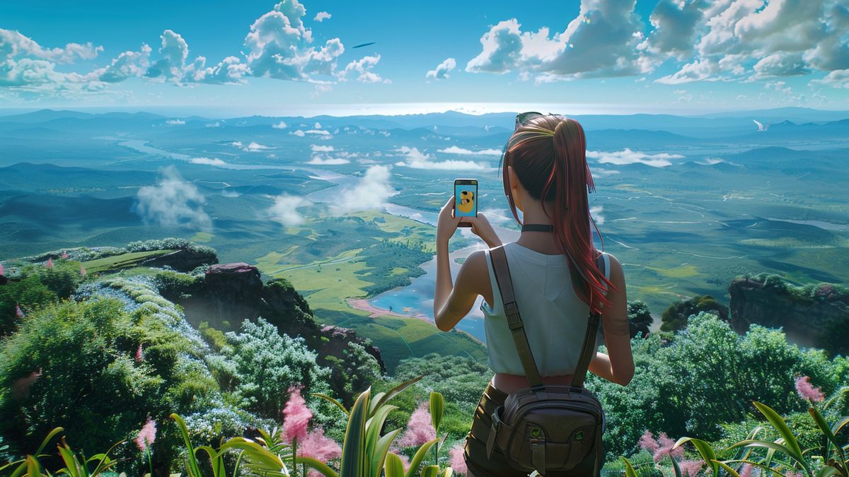 A scenic landscape with Rachel in the foreground, phone raised, capturing a Pokémon.