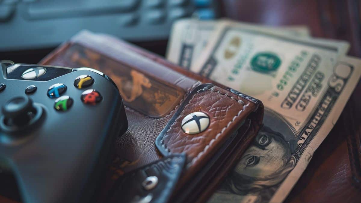 Wallet with dollar bills next to Xbox Game Pass subscription.