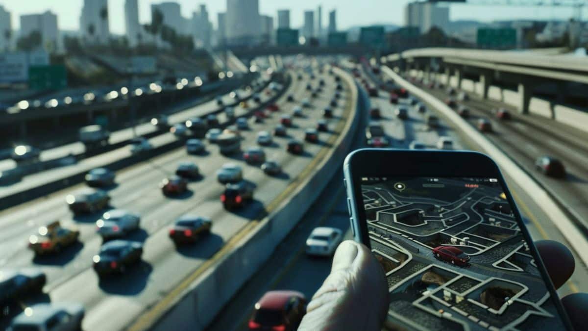 Traffico interstatale con il labirinto di Pokémon GO sullo schermo del telefono.