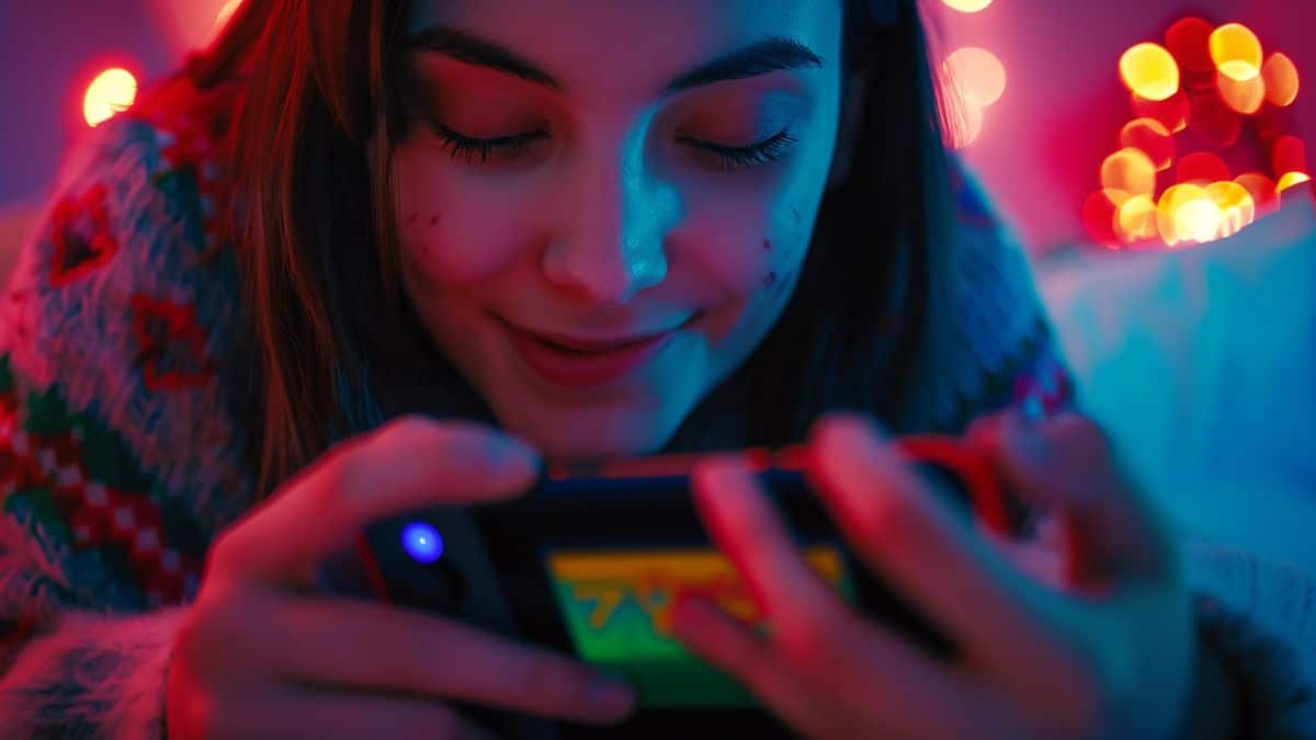 Closeup of a joyful face engrossed in Suika Game on a handheld console.