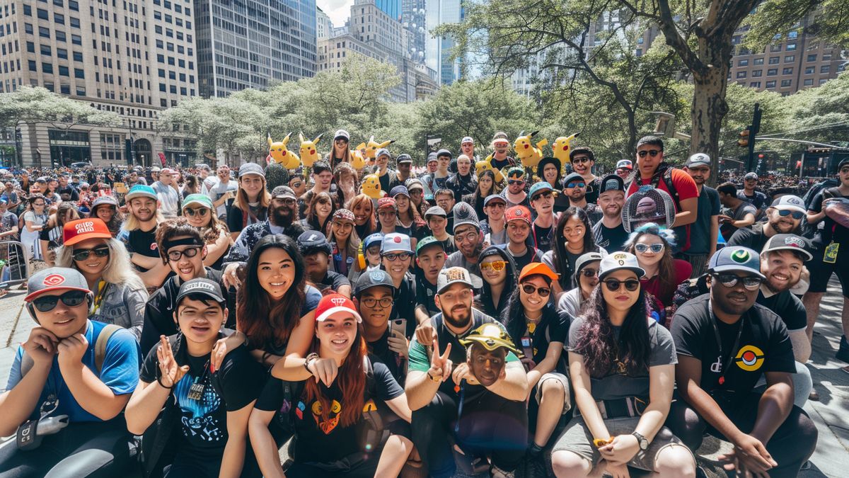 Foto di gruppo dei membri Gold+ che tengono con orgoglio le loro carte jolly al Pokémon GO Fest di New York.