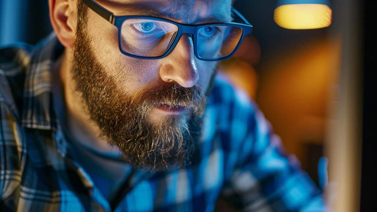 Closeup of Jarrod Norwell working intensely on his computer.