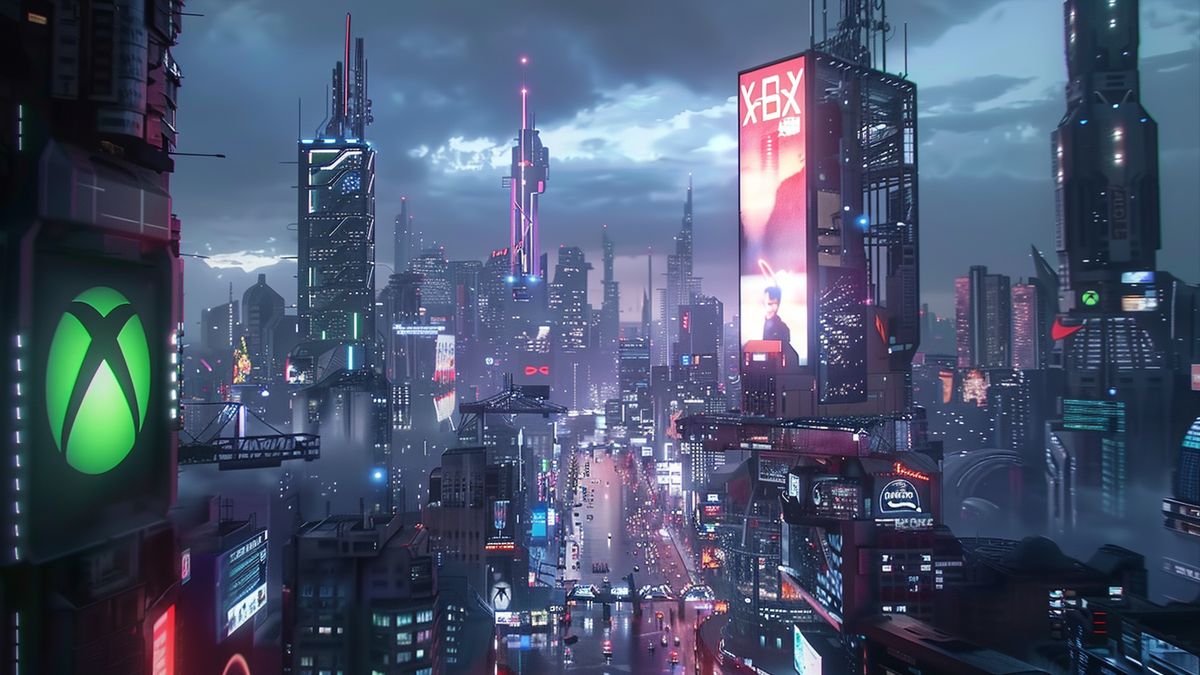 Futuristic cityscape with holographic Xbox advertisements.