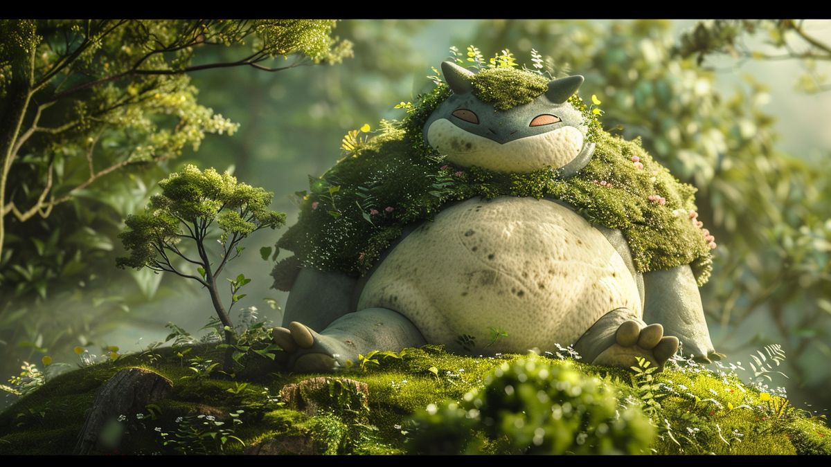 Snorlax gigantamax, tumbado sobre un montículo de bosque frondoso, con árboles creciendo en su vientre.