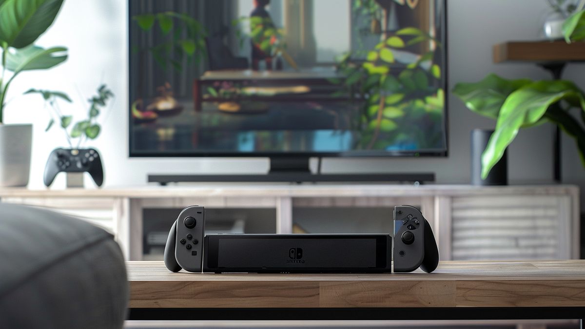 Nintendo Switch docked to TV, living room setup with controllers.