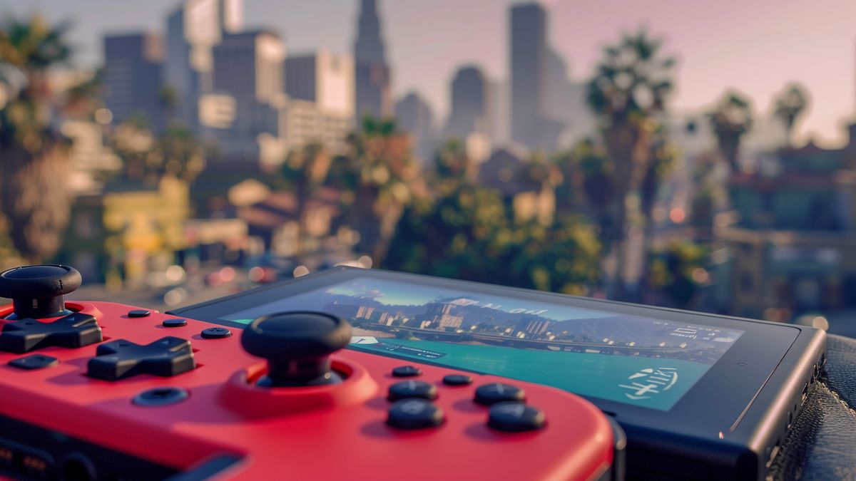 Nintendo Switch の GTA V を背景にしたゲーム コントローラーのクローズアップ。