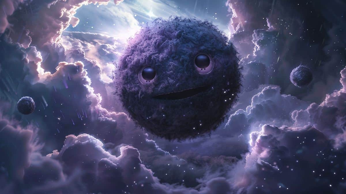 Koffing floating among dark, mysterious clouds.