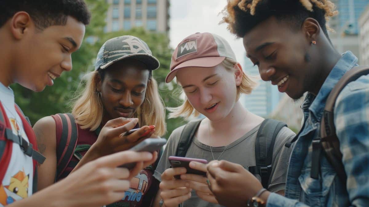 Group of friends excitedly comparing Pokémon catches in Niantic's event area.