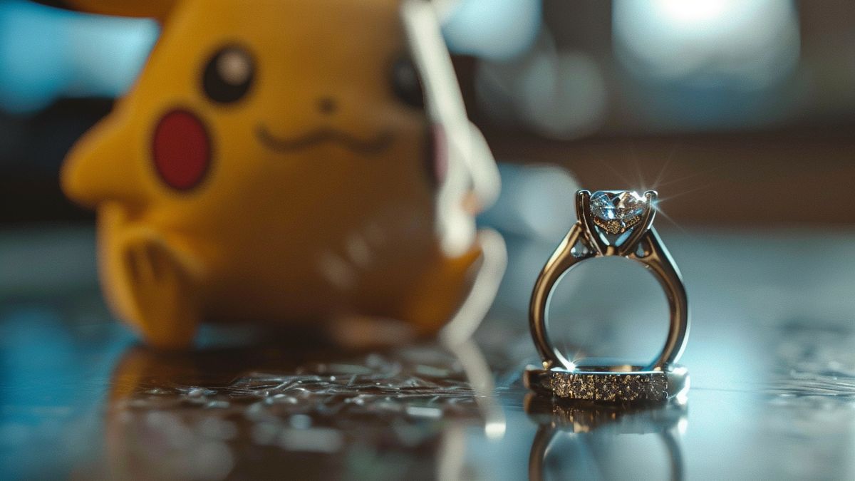 Closeup of engagement ring, Pikachu plushie in the background.