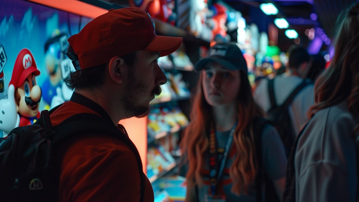 Gamers discussing features at a Nintendo event booth.