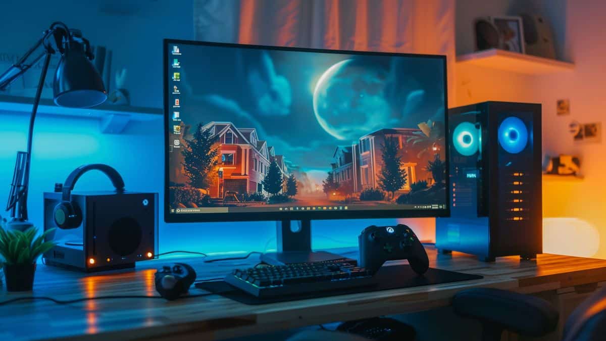 Configurazione del gioco con Xbox e dettagli dell'abbonamento visualizzati sul monitor.