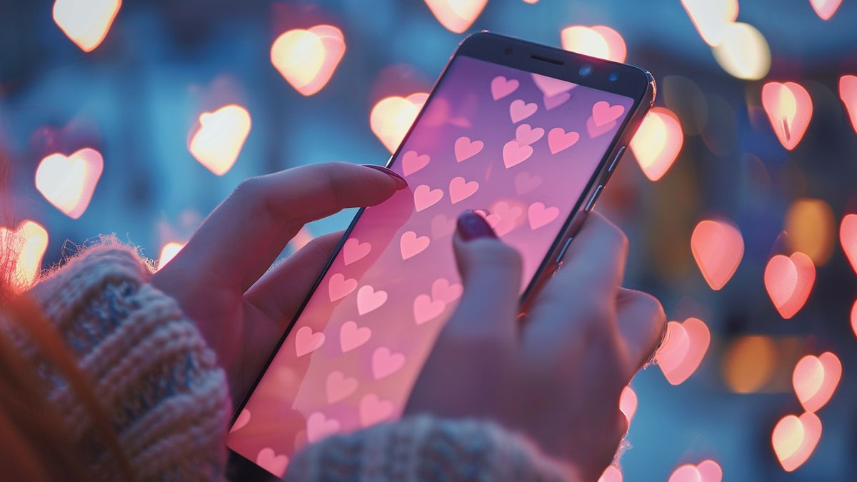 Hands holding a smartphone, showing hearts being collected ingame.