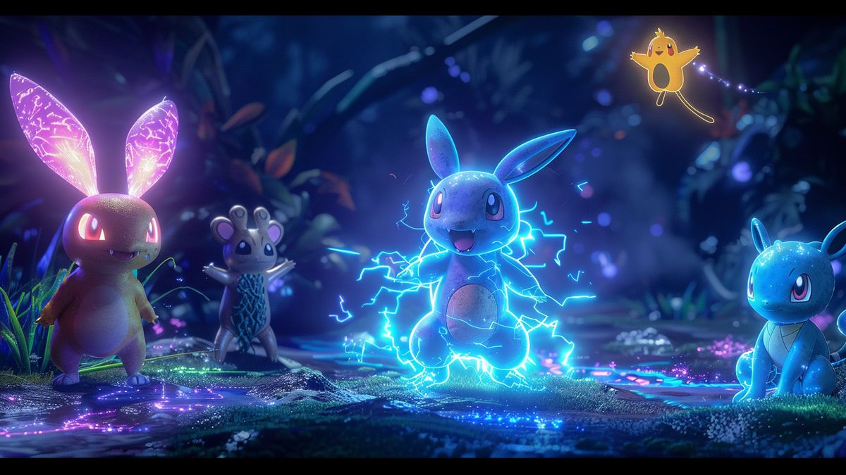 Wartortle in Dynamax form, surrounded by Grookey, Scorbunny, and Sobble, glowing with energy.