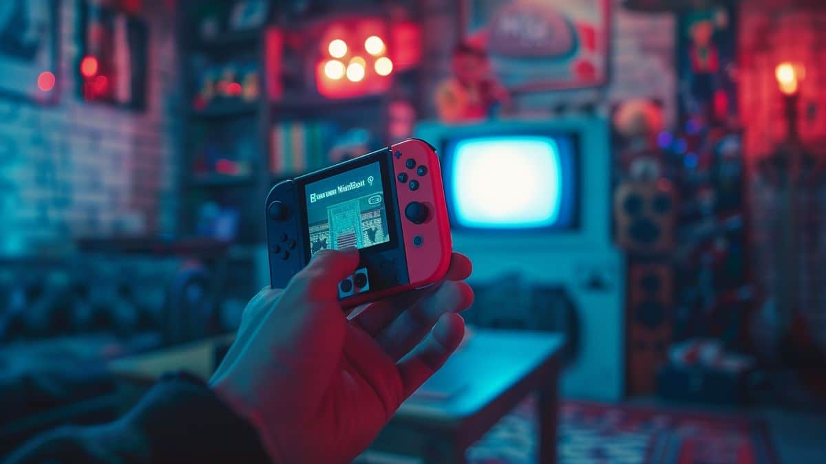 Mano che tiene un esclusivo gioco Nintendo con la console sullo sfondo.