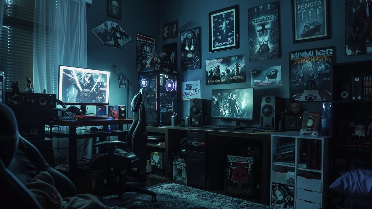 Dark, moody room with horror game posters and gaming setup.