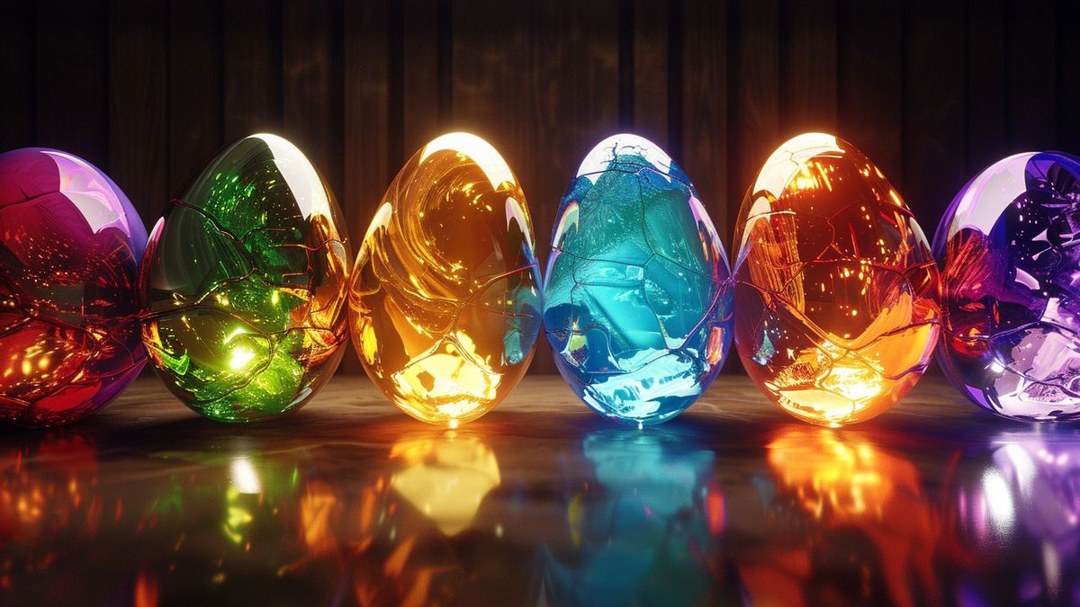 Shiny Pokémon hatching from colorful m eggs with radiant light.