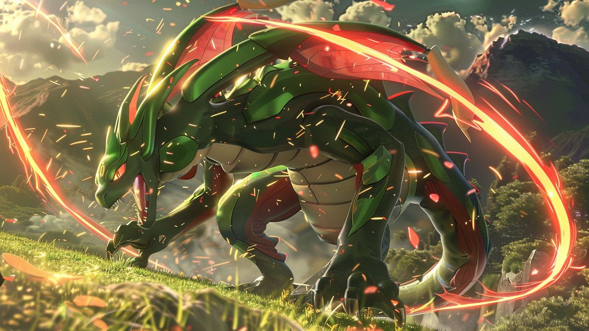 Rayquaza með Dragon Ascent að ráðast á Pokémon andstæðinginn.