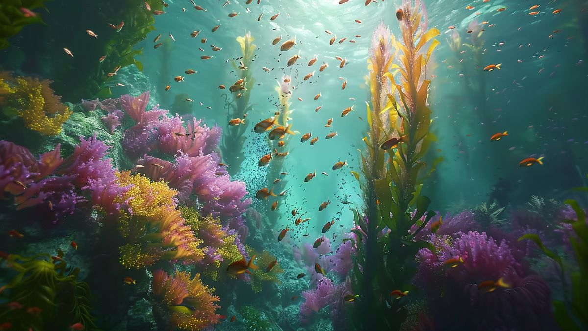 Frillish drifting through colorful underwater kelp forest.