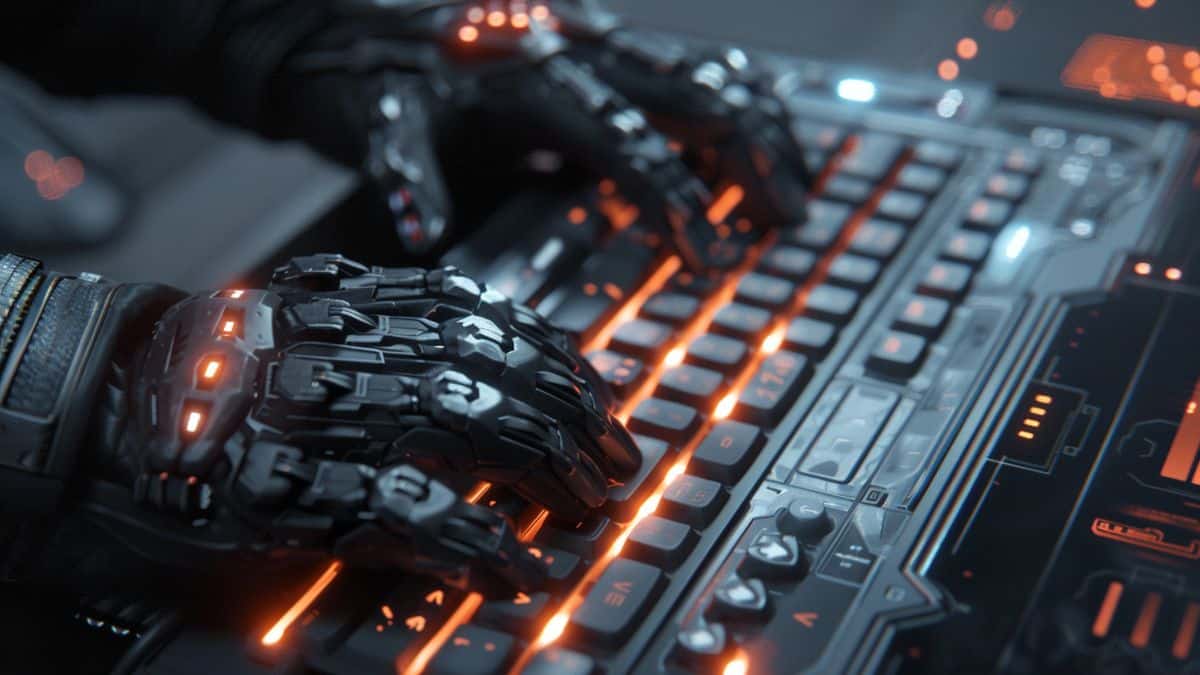 Closeup of a gamer typing a fusion energy code on a futuristic keyboard.