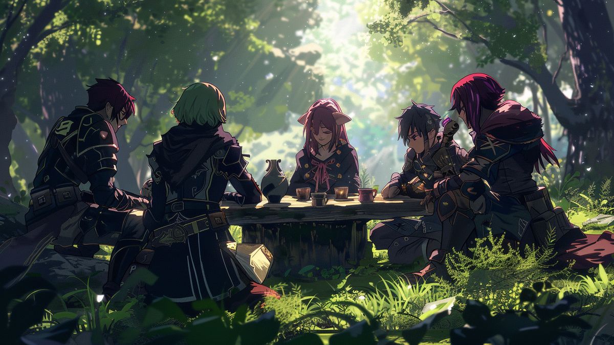 Animestyle characters engaging in a strategic roleplaying session.