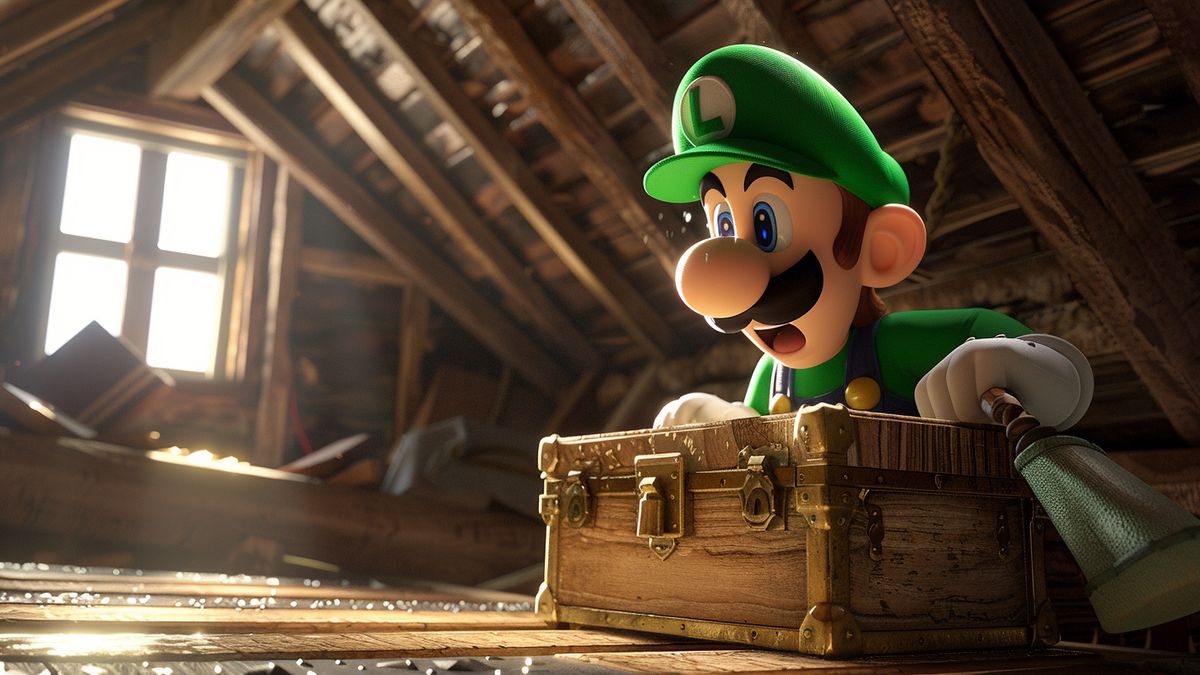 Luigi discovering a hidden treasure chest in a dusty attic.