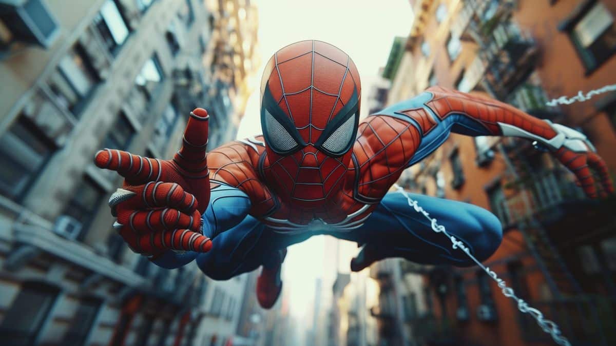 スパイダーマンはウェブシューターを使用して都市の風景を移動します。