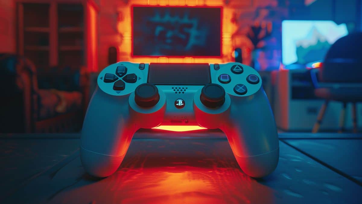 Bright PScontroller glowing in a dimly lit room.