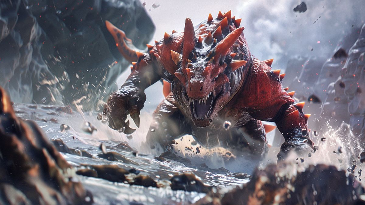 Primal Groudon launching Mud Shot attack, surrounded by rocky terrain.