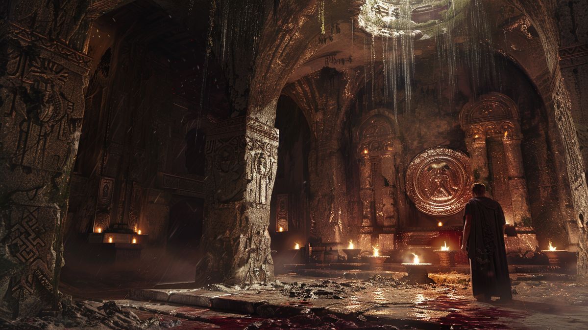 Príncipe resolviendo acertijos en un templo subterráneo con runas misteriosas.