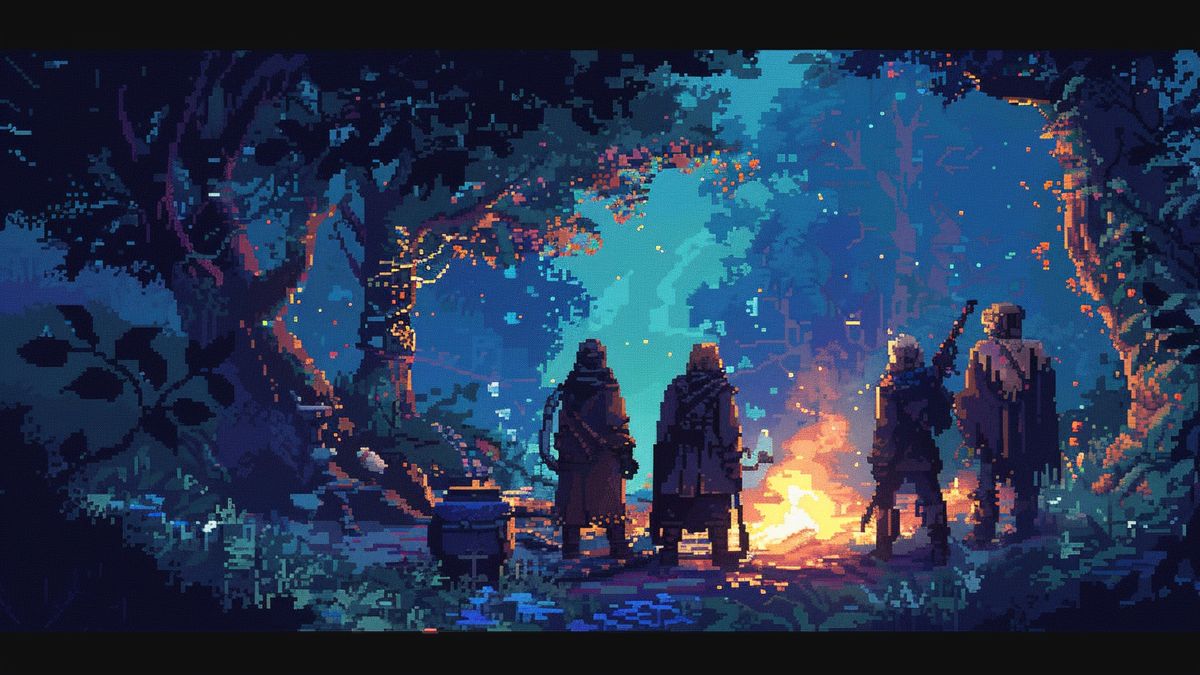 Retrostyle RPG characters in pixel art, exploring a dark forest.