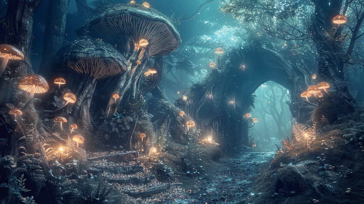 Enchanted forest with glowing mushrooms lighting a path leading to an ancient, mystical ruin.