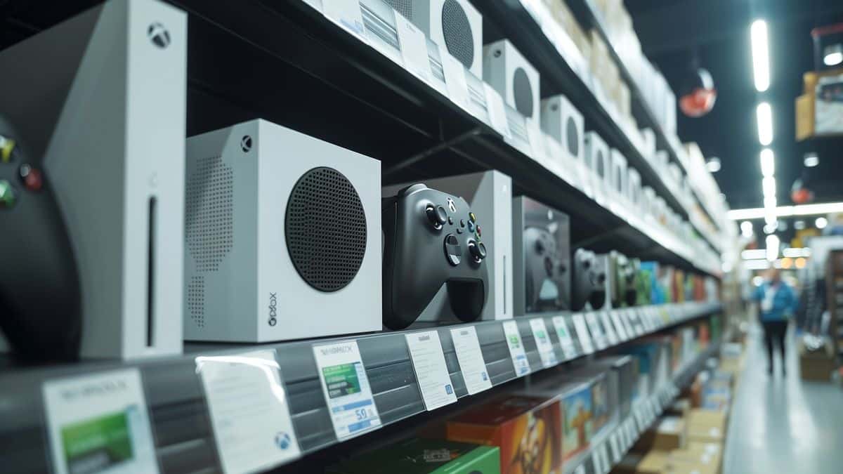Consola Xbox mostrada con etiquetas promocionales en el estante de una tienda.